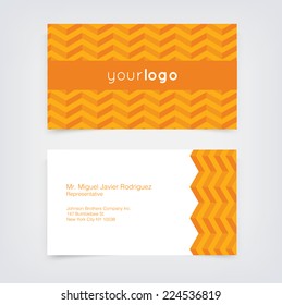 Vector business card design template with orange retro chevron pattern background