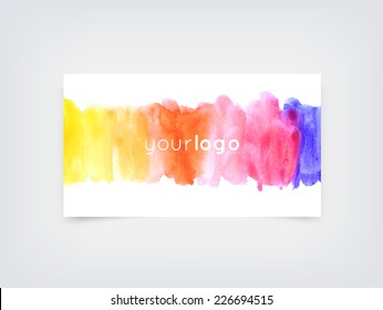 Vector business card design template with multicolored hand painted watercolor background