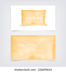 Vector business card design template with yellow hand painted watercolor background