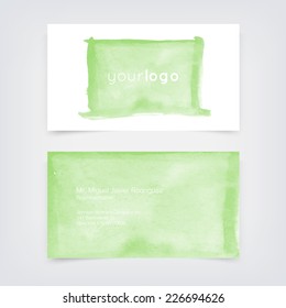 Vector business card design template with green hand painted watercolor background