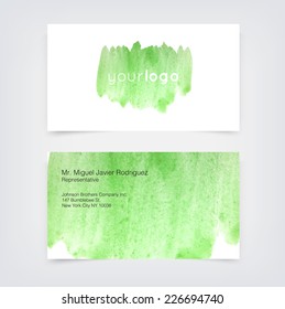 Vector business card design template with green hand painted watercolor background