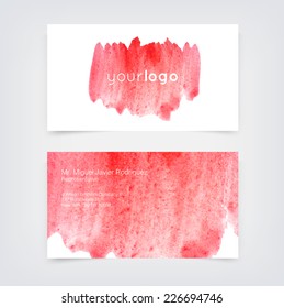 Vector business card design template with red hand painted watercolor background