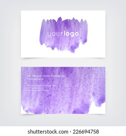Vector business card design template with hand purple painted watercolor background
