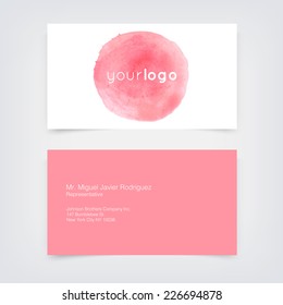 Vector business card design template with pink hand painted watercolor background