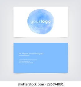 Vector business card design template with blue hand painted watercolor background