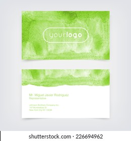 Vector business card design template with green hand painted watercolor background