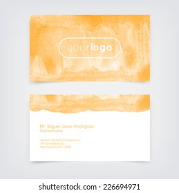 Vector business card design template with yellow hand painted watercolor background