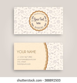 Vector Business card Design Template with doodle bakery hand drawn pattern and Vintage bakery emblem