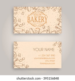 Vector Business card Design Template with doodle bakery hand drawn pattern and Vintage bakery emblem