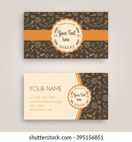 Vector Business card Design Template with doodle bakery hand drawn pattern and Vintage bakery emblem