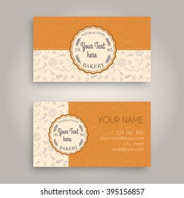 Vector Business card Design Template with doodle bakery hand drawn pattern and Vintage bakery emblem