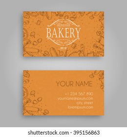 Vector Business card Design Template with doodle bakery hand drawn pattern and Vintage bakery emblem