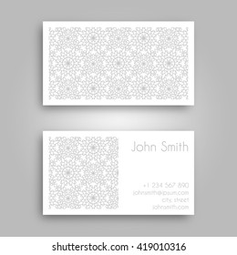 Vector Business card Design Template with Ornamental geometric mandala pattern. Vintage decorative elements. Hand drawn tile background. Islam, Arabic, Indian, ottoman motifs.