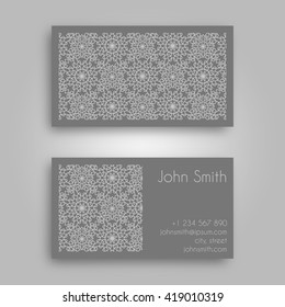 Vector Business card Design Template with Ornamental geometric mandala pattern. Vintage decorative elements. Hand drawn tile background. Islam, Arabic, Indian, ottoman motifs.