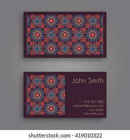 Vector Business card Design Template with Ornamental geometric mandala pattern. Vintage decorative elements. Hand drawn tile background. Islam, Arabic, Indian, ottoman motifs.