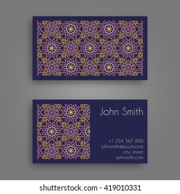 Vector Business card Design Template with Ornamental geometric mandala pattern. Vintage decorative elements. Hand drawn tile background. Islam, Arabic, Indian, ottoman motifs.