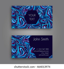Vector business card design template with Abstract marbled ink background. Hand drawn texture with liquid paint.