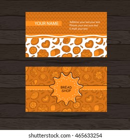 Vector Business card Design Template with doodle bakery hand drawn pattern, bread pattern, sketch, zigzag pattern