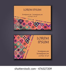 Vector Business card Design Template with Ornamental geometric mandala pattern. Vintage decorative elements. Hand drawn tile background. Islam, Arabic, Indian, ottoman motifs.