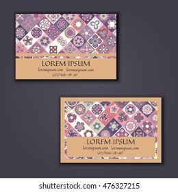 Vector Business card Design Template with Ornamental geometric mandala pattern. Vintage decorative elements. Hand drawn tile background. Islam, Arabic, Indian, ottoman motifs.