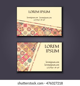 Vector Business card Design Template with Ornamental geometric mandala pattern. Vintage decorative elements. Hand drawn tile background. Islam, Arabic, Indian, ottoman motifs.