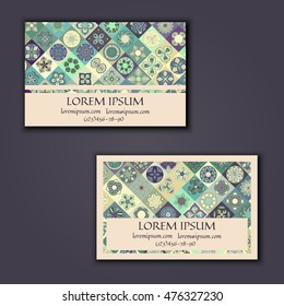 Vector Business card Design Template with Ornamental geometric mandala pattern. Vintage decorative elements. Hand drawn tile background. Islam, Arabic, Indian, ottoman motifs.