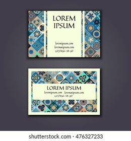 Vector Business card Design Template with Ornamental geometric mandala pattern. Vintage decorative elements. Hand drawn tile background. Islam, Arabic, Indian, ottoman motifs.