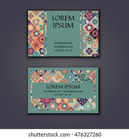 Vector Business card Design Template with Ornamental geometric mandala pattern. Vintage decorative elements. Hand drawn tile background. Islam, Arabic, Indian, ottoman motifs.