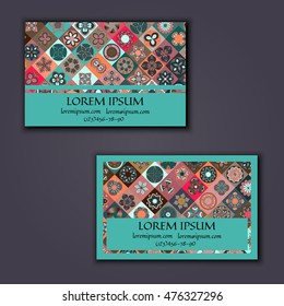 Vector Business card Design Template with Ornamental geometric mandala pattern. Vintage decorative elements. Hand drawn tile background. Islam, Arabic, Indian, ottoman motifs.