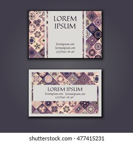 Vector Business card Design Template with Ornamental geometric mandala pattern. Vintage decorative elements. Hand drawn tile background. Islam, Arabic, Indian, ottoman motifs.