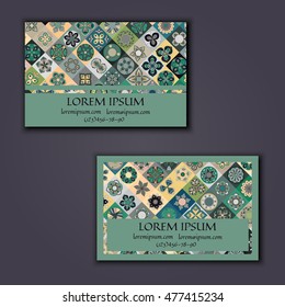 Vector Business card Design Template with Ornamental geometric mandala pattern. Vintage decorative elements. Hand drawn tile background. Islam, Arabic, Indian, ottoman motifs.