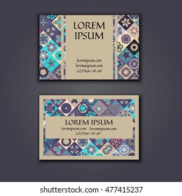 Vector Business card Design Template with Ornamental geometric mandala pattern. Vintage decorative elements. Hand drawn tile background. Islam, Arabic, Indian, ottoman motifs.