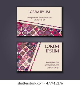 Vector Business card Design Template with Ornamental geometric mandala pattern. Vintage decorative elements. Hand drawn tile background. Islam, Arabic, Indian, ottoman motifs.
