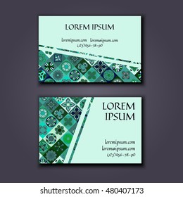 Vector Business card Design Template with Ornamental geometric mandala pattern. Vintage decorative elements. Hand drawn tile background. Islam, Arabic, Indian, ottoman motifs.