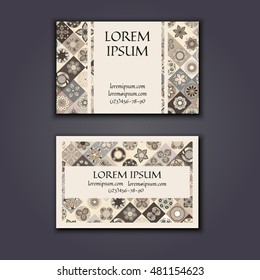 Vector Business card Design Template with Ornamental geometric mandala pattern. Vintage decorative elements. Hand drawn tile background. Islam, Arabic, Indian, ottoman motifs.