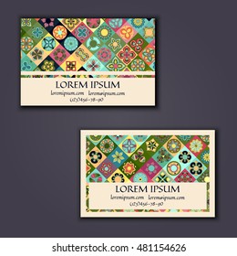 Vector Business card Design Template with Ornamental geometric mandala pattern. Vintage decorative elements. Hand drawn tile background. Islam, Arabic, Indian, ottoman motifs.