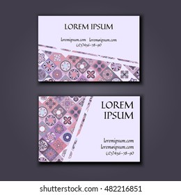 Vector Business card Design Template with Ornamental geometric mandala pattern. Vintage decorative elements. Hand drawn tile background. Islam, Arabic, Indian, ottoman motifs.
