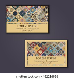 Vector Business card Design Template with Ornamental geometric mandala pattern. Vintage decorative elements. Hand drawn tile background. Islam, Arabic, Indian, ottoman motifs.