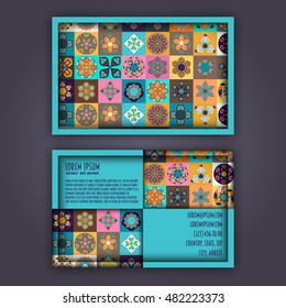 Vector Business card Design Template with Ornamental geometric mandala pattern. Vintage decorative elements. Hand drawn tile background. Islam, Arabic, Indian, ottoman motifs.