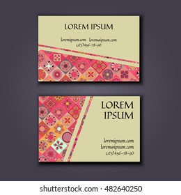 Vector Business card Design Template with Ornamental geometric mandala pattern. Vintage decorative elements. Hand drawn tile background. Islam, Arabic, Indian, ottoman motifs.