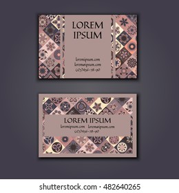 Vector Business card Design Template with Ornamental geometric mandala pattern. Vintage decorative elements. Hand drawn tile background. Islam, Arabic, Indian, ottoman motifs.