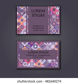 Vector Business card Design Template with Ornamental geometric mandala pattern. Vintage decorative elements. Hand drawn tile background. Islam, Arabic, Indian, ottoman motifs.