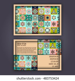 Vector Business card Design Template with Ornamental geometric mandala pattern. Vintage decorative elements. Hand drawn tile background. Islam, Arabic, Indian, ottoman motifs.