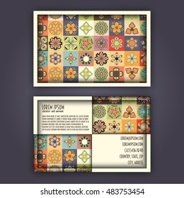 Vector Business card Design Template with Ornamental geometric mandala pattern. Vintage decorative elements. Hand drawn tile background. Islam, Arabic, Indian, ottoman motifs.