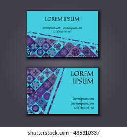 Vector Business card Design Template with Ornamental geometric mandala pattern. Vintage decorative elements. Hand drawn tile background. Islam, Arabic, Indian, ottoman motifs.