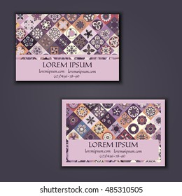 Vector Business card Design Template with Ornamental geometric mandala pattern. Vintage decorative elements. Hand drawn tile background. Islam, Arabic, Indian, ottoman motifs.
