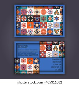 Vector Business Card Design Template With Ornamental Geometric Mandala Pattern. Vintage Decorative Elements. Hand Drawn Tile Background. Islam, Arabic, Indian, Ottoman Motifs.