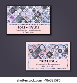 Vector Business card Design Template with Ornamental geometric mandala pattern. Vintage decorative elements. Hand drawn tile background. Islam, Arabic, Indian, ottoman motifs.