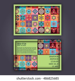 Vector Business card Design Template with Ornamental geometric mandala pattern. Vintage decorative elements. Hand drawn tile background. Islam, Arabic, Indian, ottoman motifs.