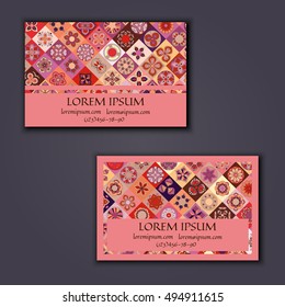 Vector Business card Design Template with Ornamental geometric mandala pattern. Vintage decorative elements. Hand drawn tile background. Islam, Arabic, Indian, ottoman motifs.